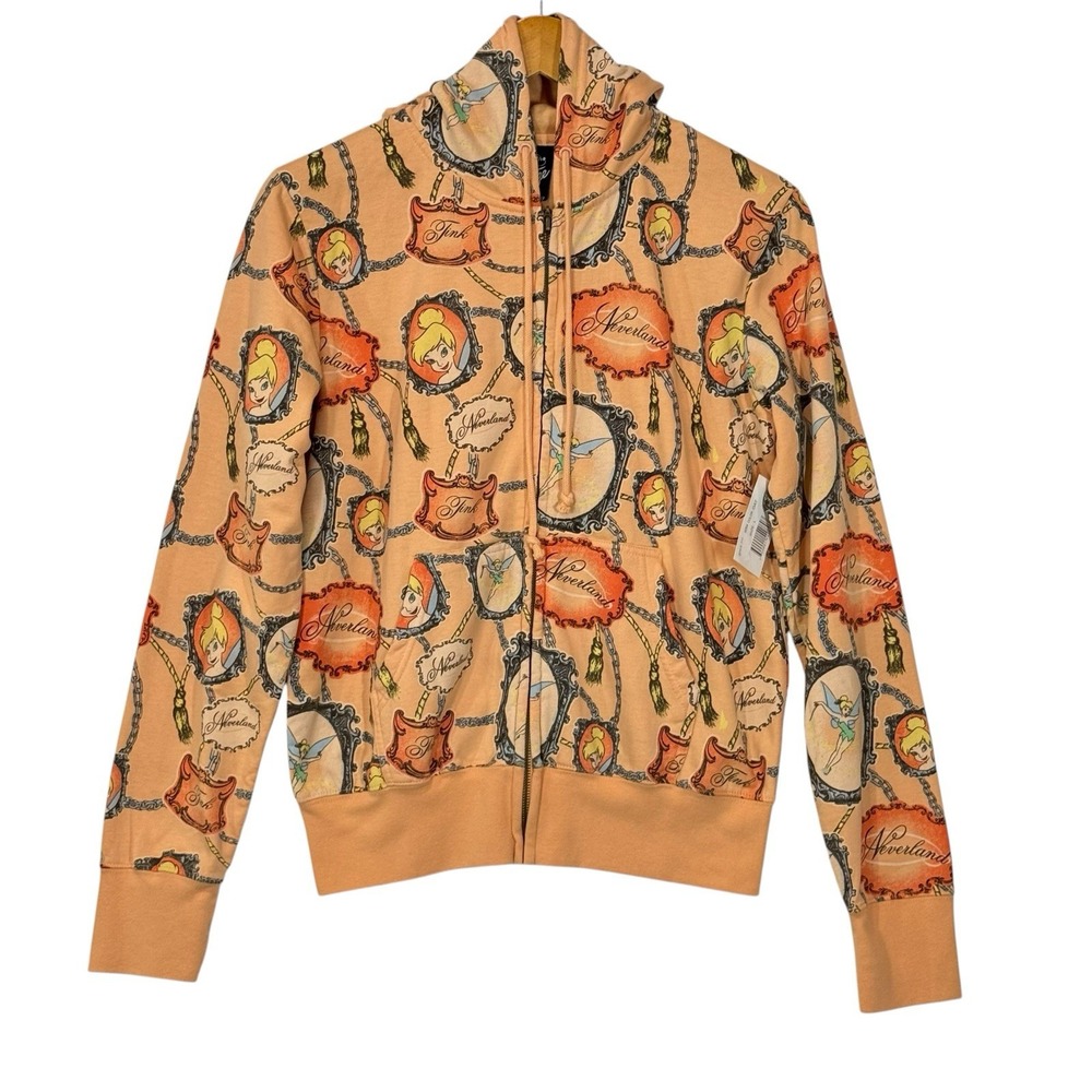 Disney Hoodie‎ Kids L Peach Tinker Bell Neverland All Over Print Zip Up Fleece